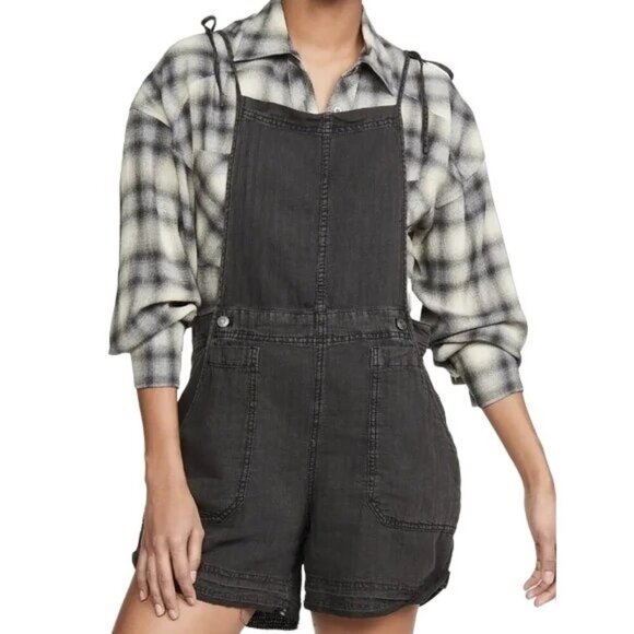 Free People Natural Sights Black Linen Shortall Romper - Picture 1 of 10